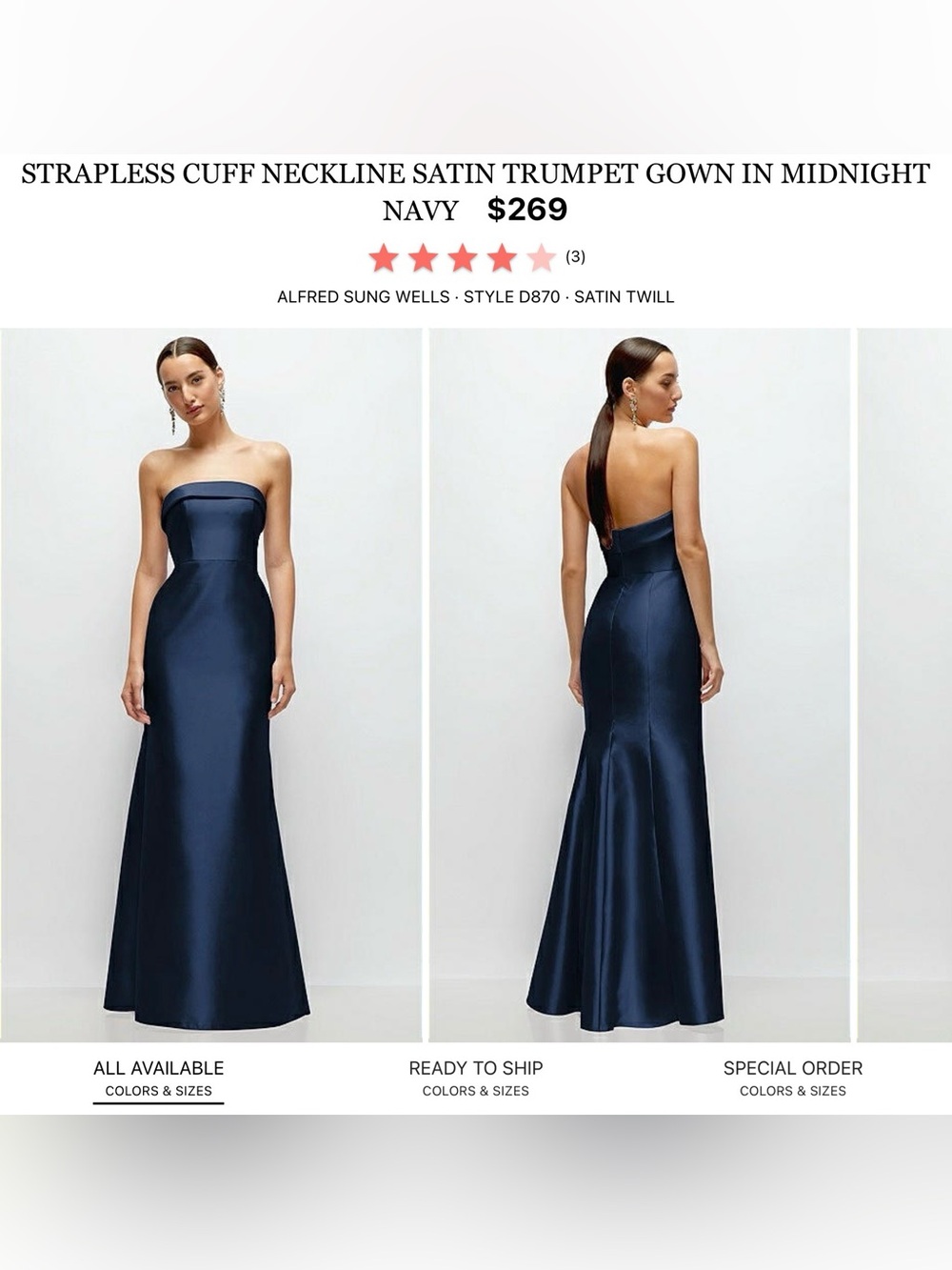 ALFRED SUNG Strapless Navy Satin Trumpet Gown
